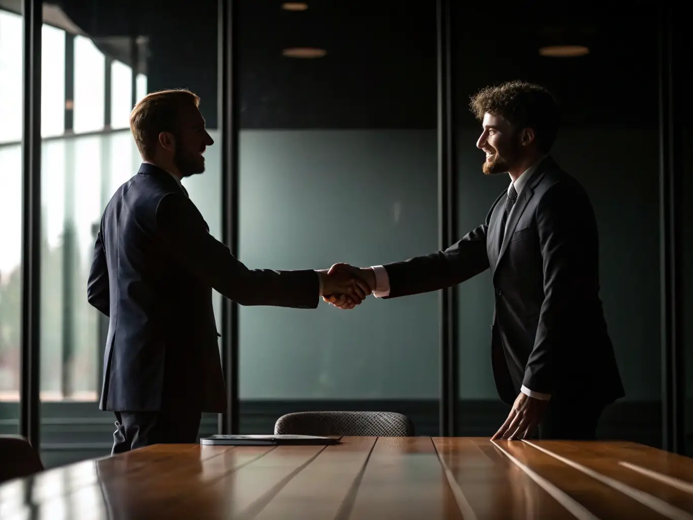 A professional in a suit shaking hands with a hiring manager in a modern office setting, symbolizing a successful staffing placement.
