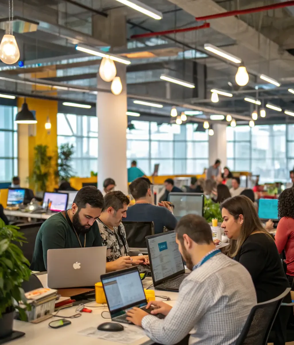 A modern office space with employees working collaboratively, symbolizing BigFuture's commitment to connecting talent with opportunities.
