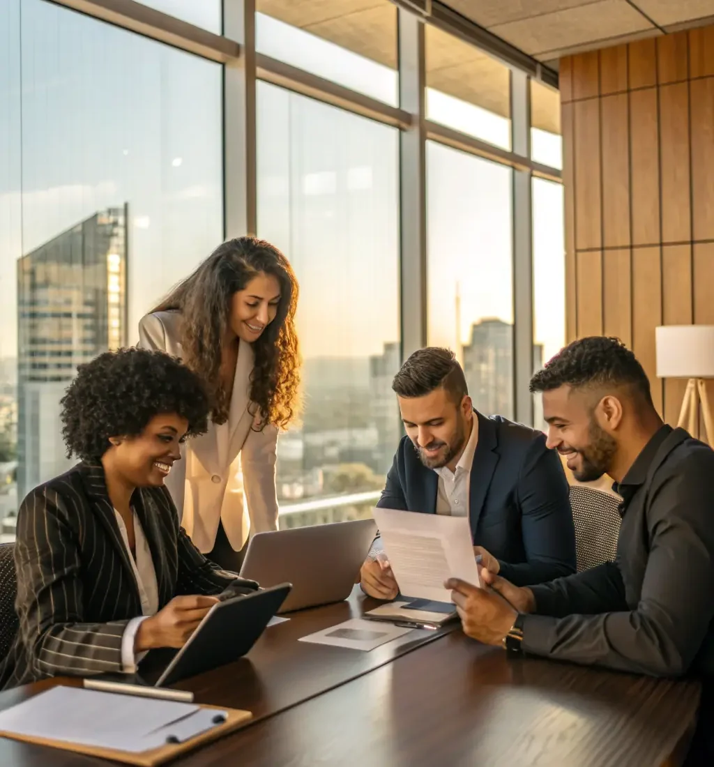An image showing a diverse group of professionals collaborating in an office environment, representing BigFuture's Staffing Solutions.