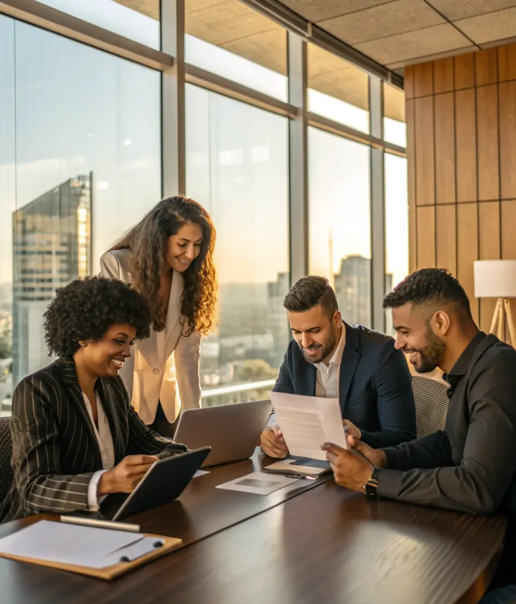 An image showing a diverse group of professionals collaborating in an office environment, representing BigFuture's Staffing Solutions.