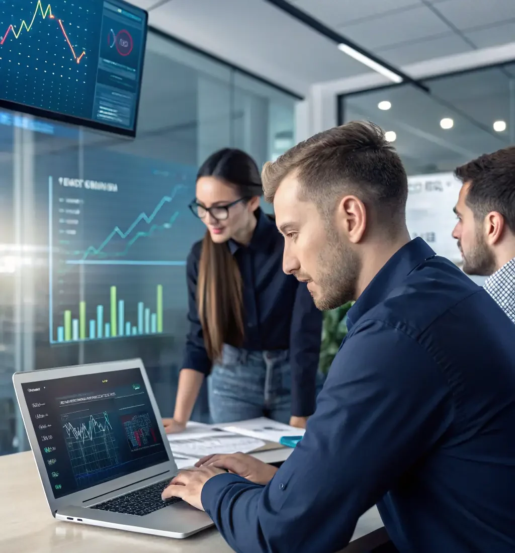 An image of a business team analyzing data and working on laptops, illustrating BigFuture's Outsourcing Services.