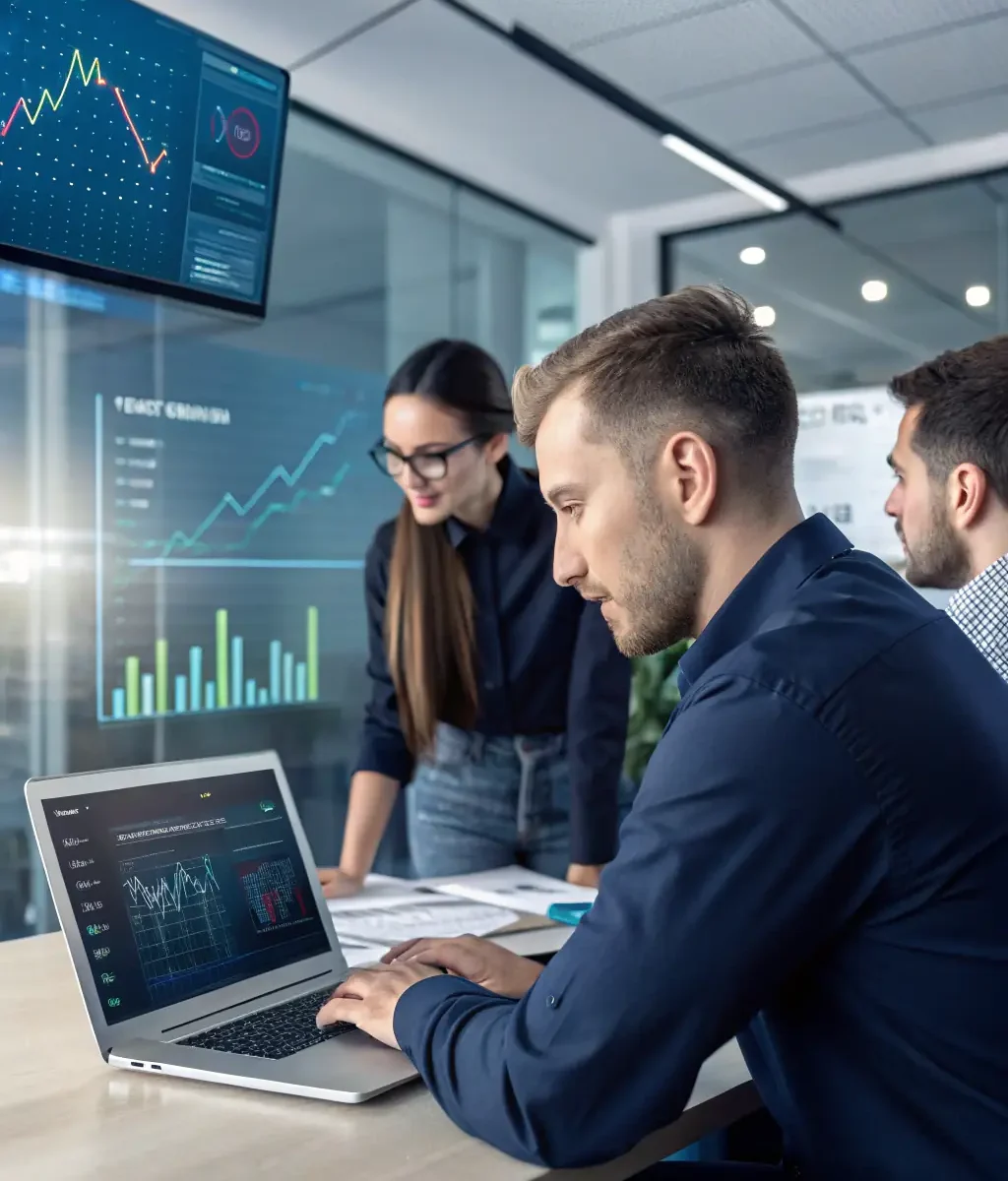 An image of a business team analyzing data and working on laptops, illustrating BigFuture's Outsourcing Services.